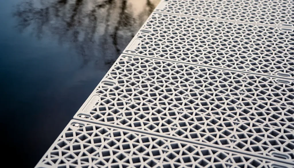 Photograph of plastic overlay on dock at a lake.